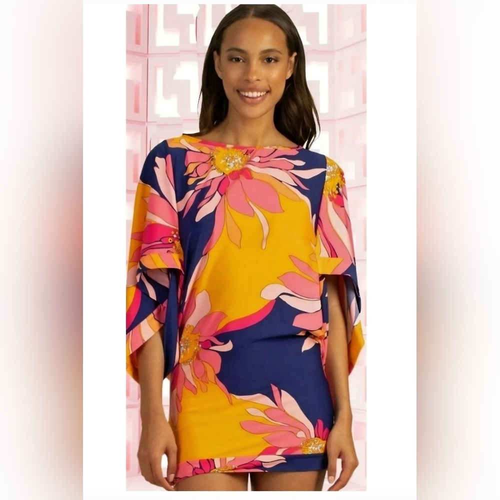 Trina Turk Floral Kimono Dress Medium Boho Coastal Resortwear 60s Mod Psychedeli